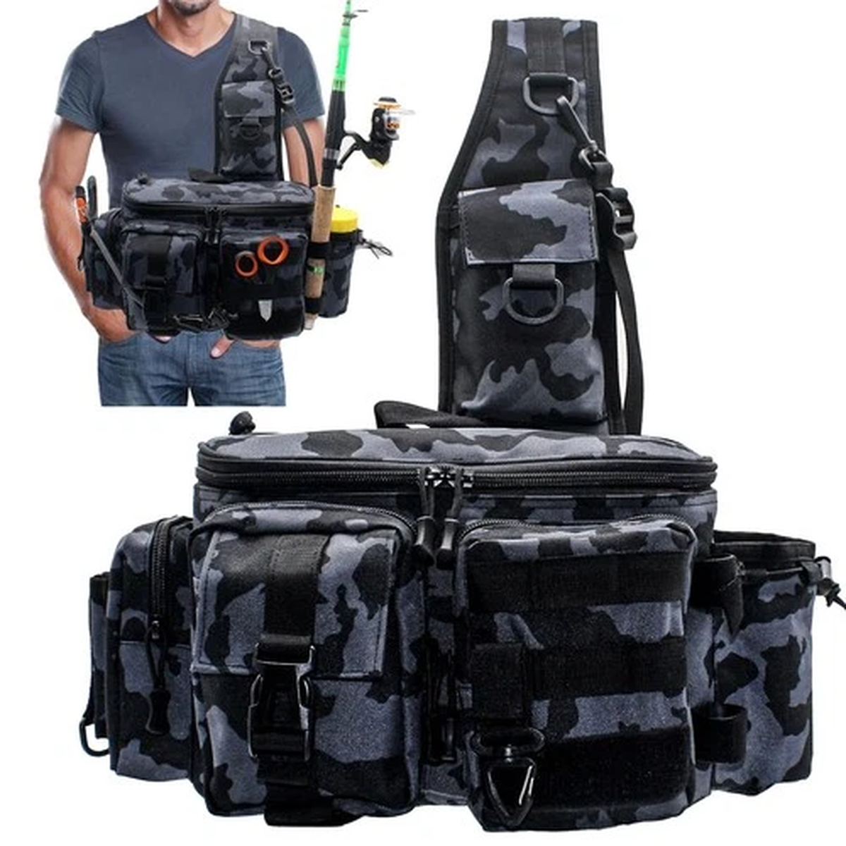 Zsrivk Fishing Tackle Bag Sling Shoulder Backpack with Rod & Gear Holder, Mul...